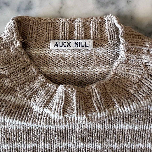 Alex Mill Harbor Striped Cotton Sweater | Men’s L/XL | Beige Ivory Winter Knit - Picture 4 of 8